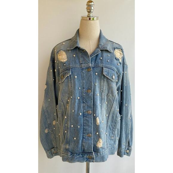 Free People Sunday Funday Pearl  Denim Jacket sz S - Picture 6 of 14